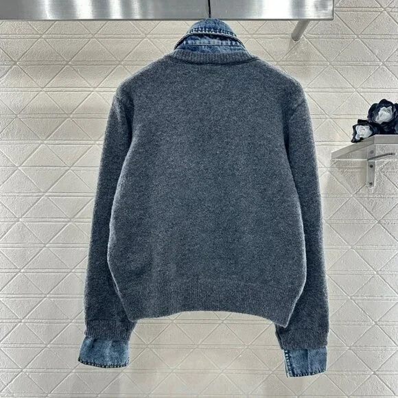 Miu Miu ♥ 2025 New Denim Patchwork Collared Knit Cardigan - Picture 6 of 8